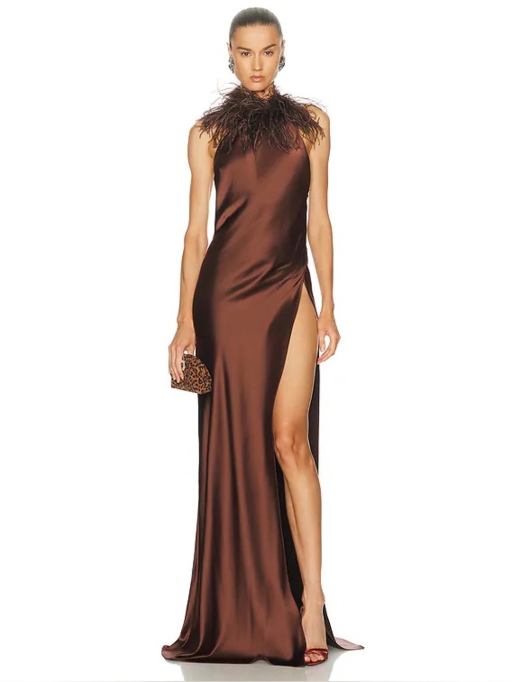 The New Arrivals Ilkyaz Ozel Jazzy Brown Feather Satin Gown Revolve FWRD